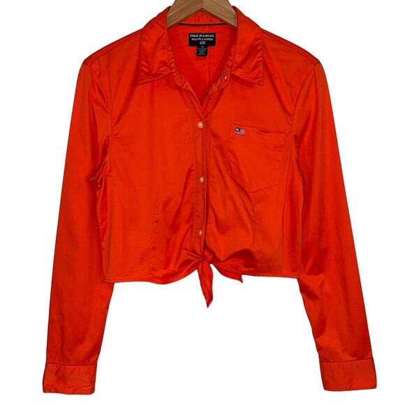 Vintage 90s Ralph Lauren Polo Jeans Co Orange Button Up Tie Waist Y2K Crop Top M - Picture 1 of 10